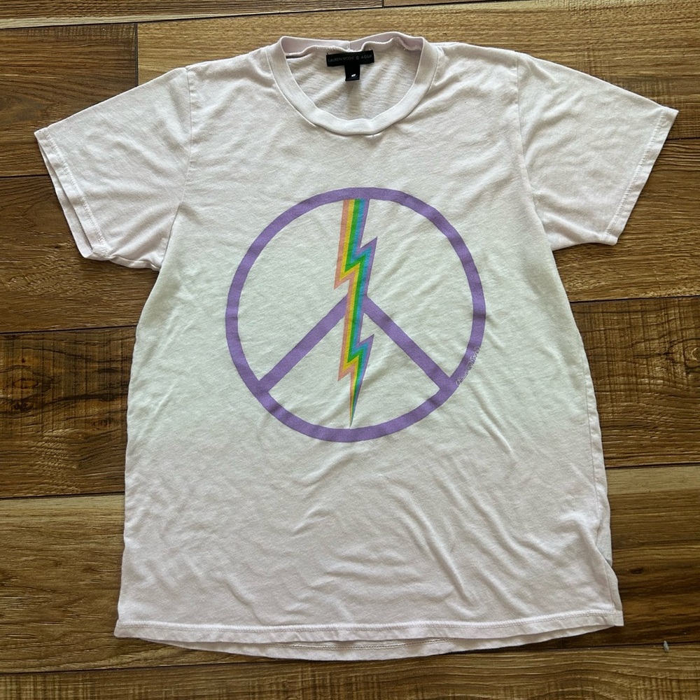 Lauren Moshi x Aqua Electric Peace Print Short Sleeve Tee Shirt Pink Size Small